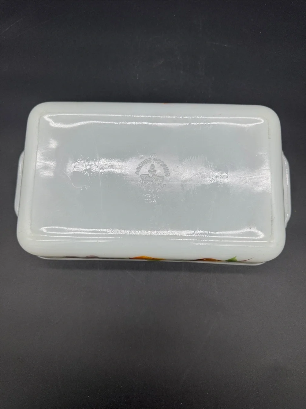 Fire King Gay Fad 1.5 Qt Casserole Milk Glass Fruit Painted Anchor Hocking #410